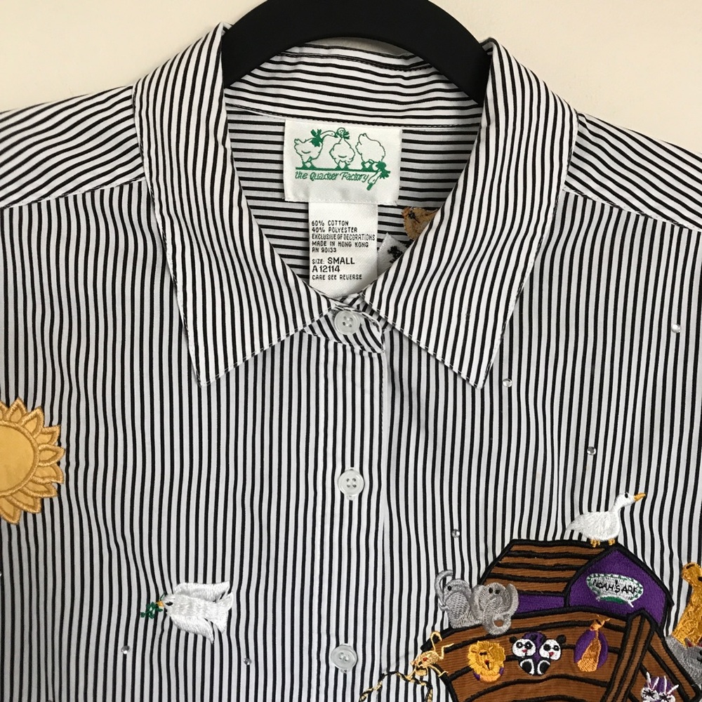 The Quacker Factory Embroidered Noah’s Ark Button Up Shirt Size Small Striped - Picture 2 of 14
